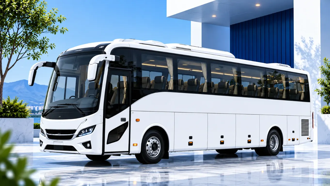 Spacious white luxury coach in a bright outdoor setting