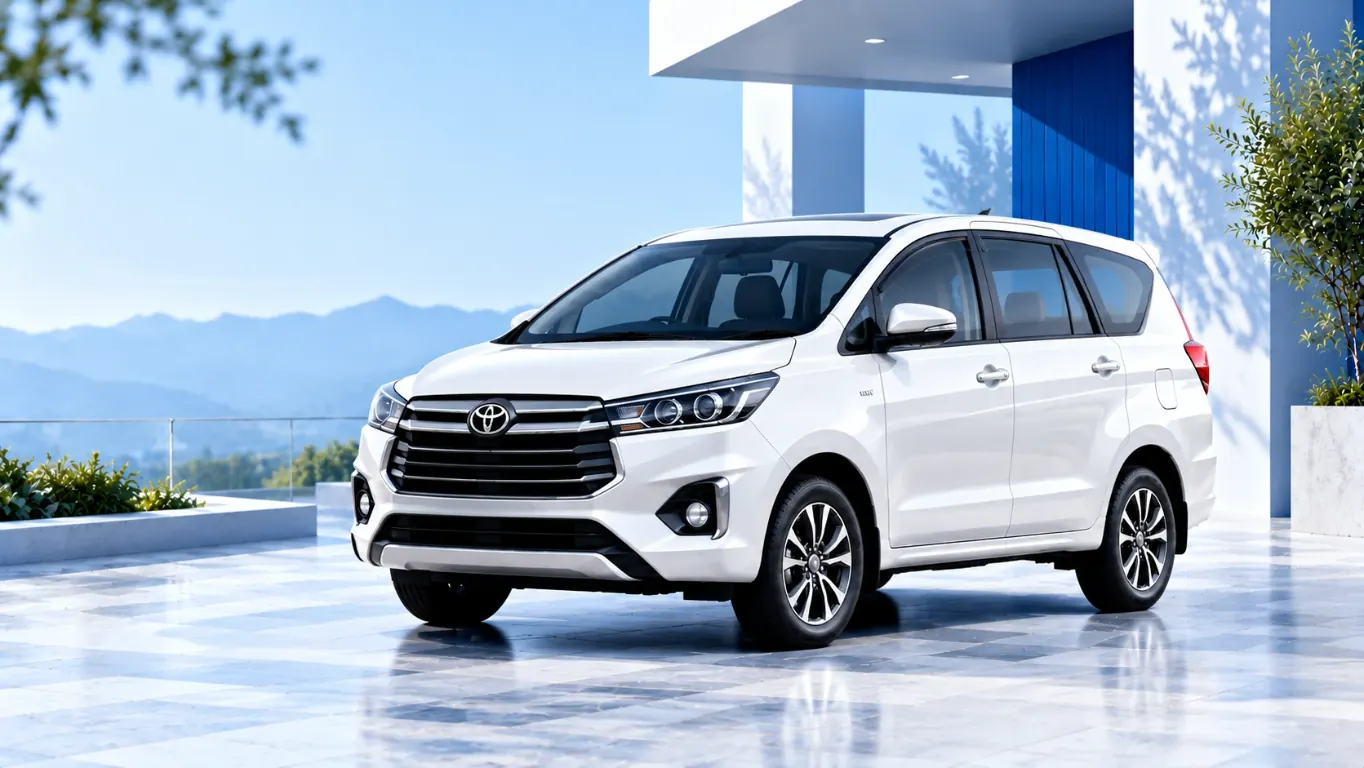 White Toyota Innova parked at a scenic modern resort