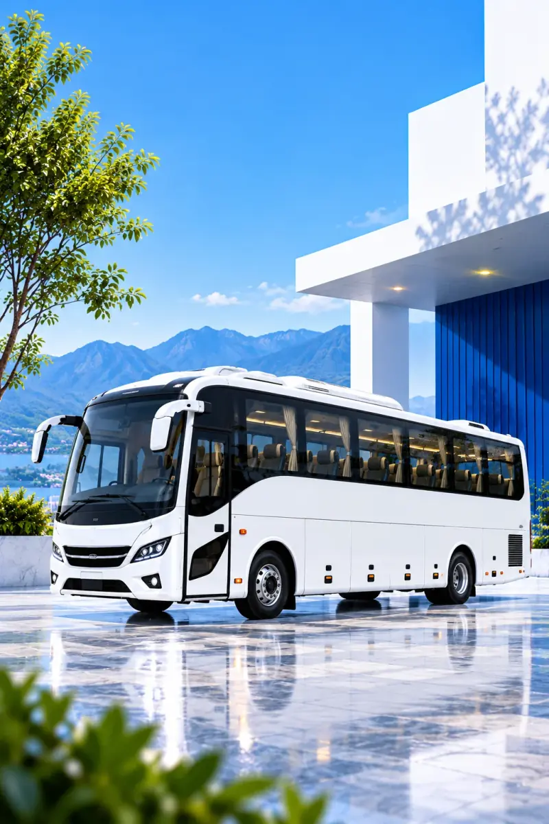 Spacious white luxury coach in a bright outdoor setting