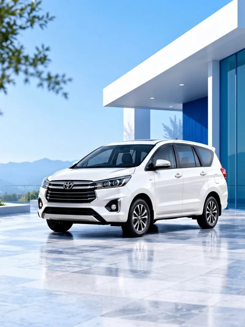 White Toyota Innova parked at a scenic modern resort