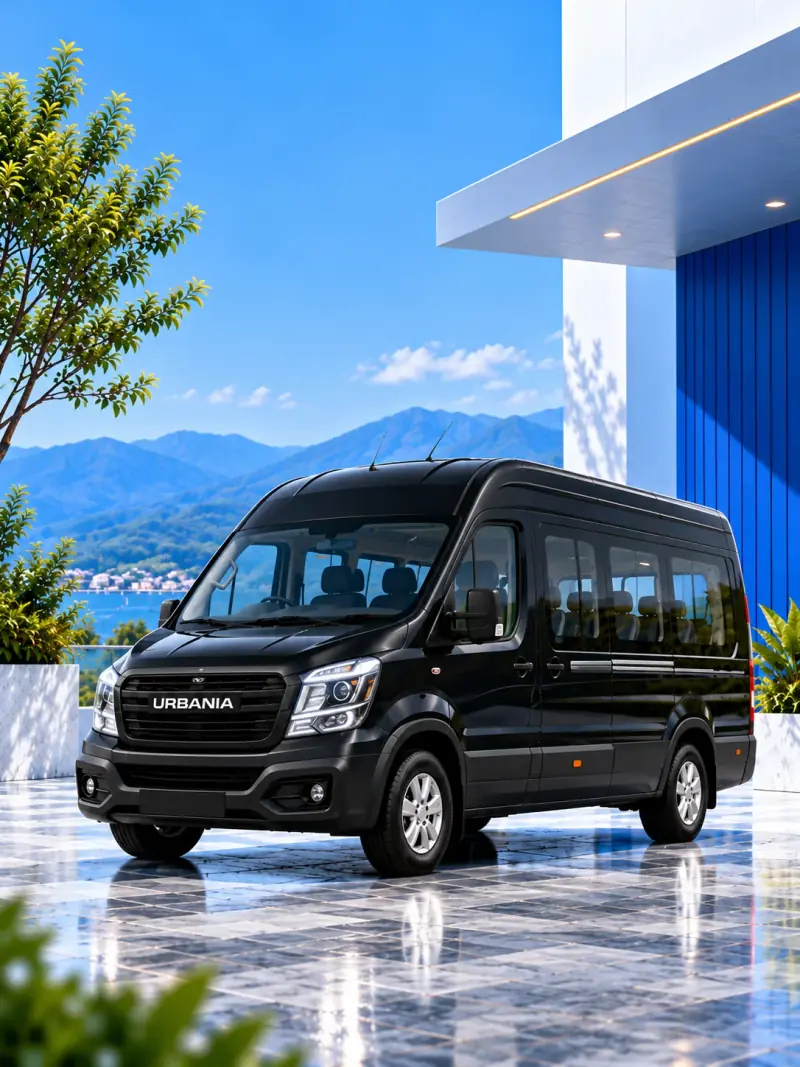 Premium black Urbania coach parked by a scenic resort