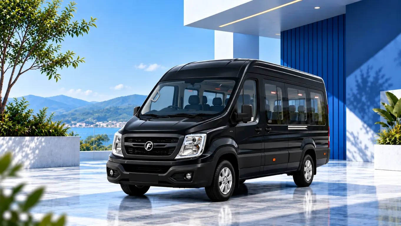 Premium black Urbania coach parked by a scenic resort